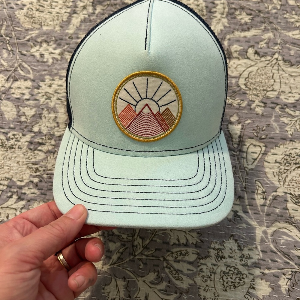 Baby Blue and Navy Blue snap back cap with mountain patch by Pistil Designs